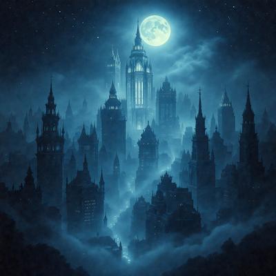The primary subject of the image is a cityscape at night, with a large building and a moon in the sky. The setting is a dark, cloudy night, and the visual style is a digital art or illustration. The dominant colors are blue and black, creating a moody and atmospheric mood.